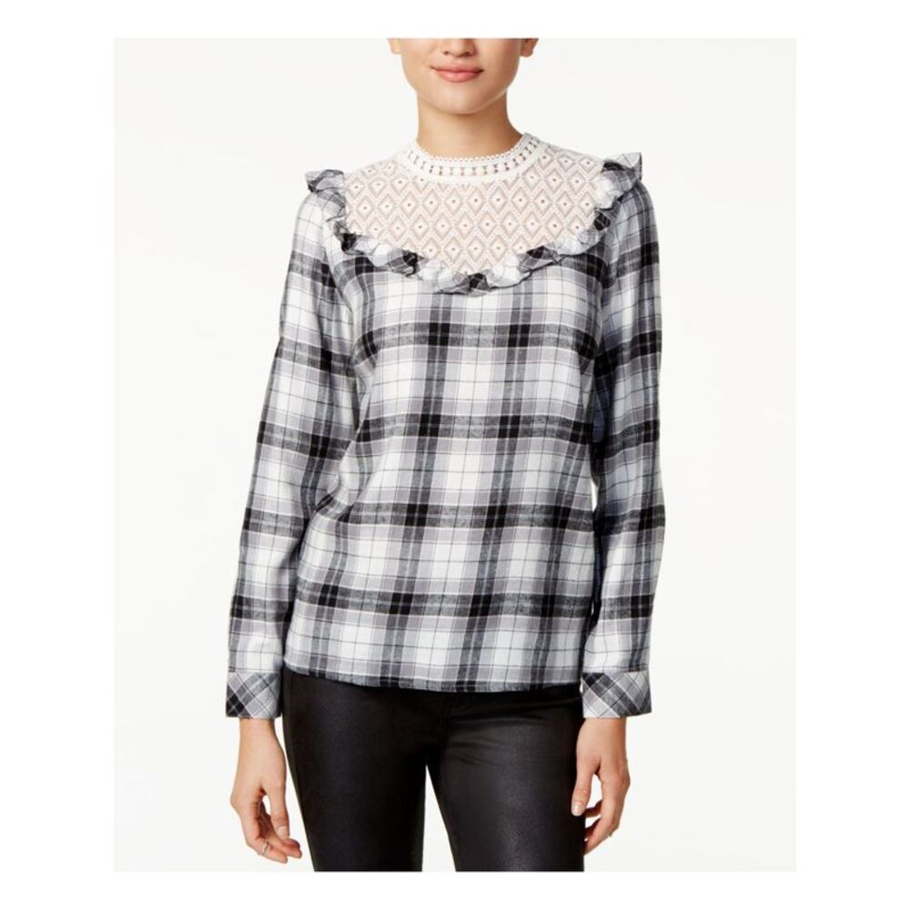 KENSIE Womens Ivory Ruffled Lace Plaid Long Sleeve Bib Neck Tunic Top Size: XS - Picture 1 of 2
